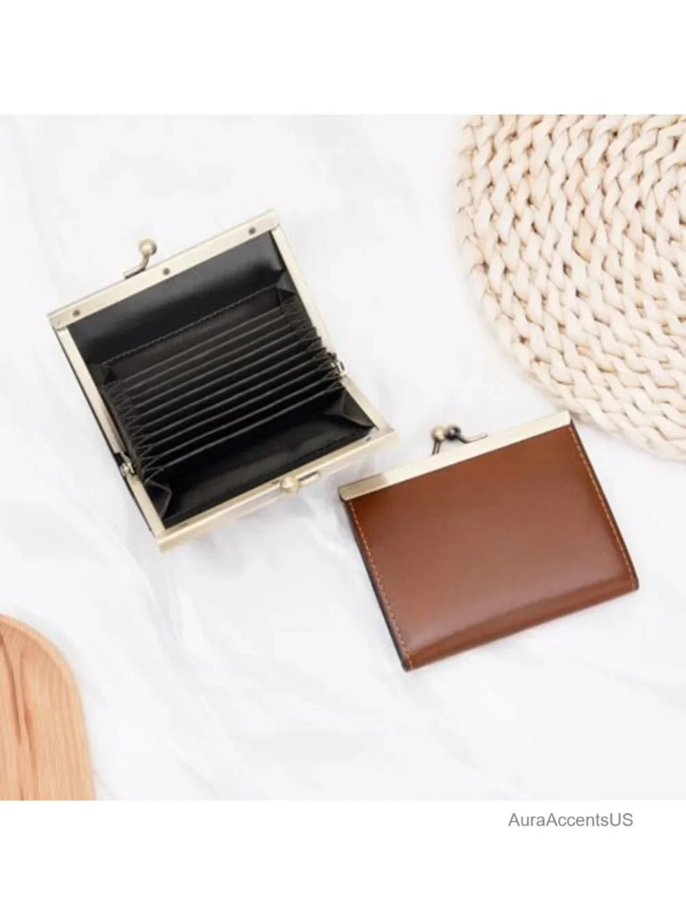 Genuine Leather Vintage Kiss Lock Card Holder Wallet for Women Bifold Compact